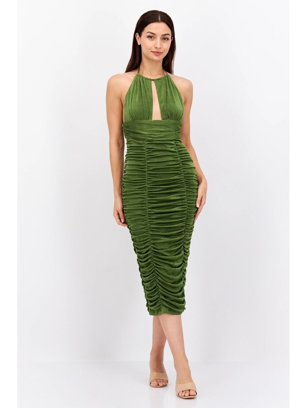 Bodycon Dress Green Ruched Keyhole Midi Size 12